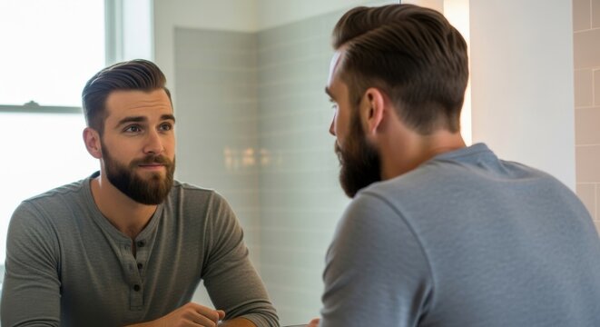 Man grooming his beard while looking at his reflection in a modern bathroom mirror