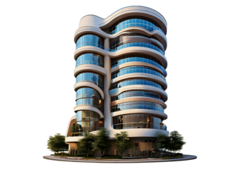 Modern 3D illustration of curved high rise building with circular floors and large windows isolated on transparent or white background
