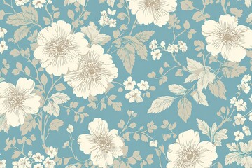 Floral Pattern with Large White Blossoms and Detailed Leaves on Blue Backdrop