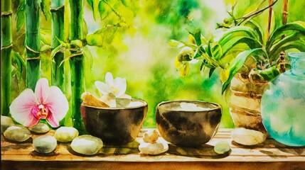 Watercolor painting of a spa room decorated with bamboo, stones, and flowers, creating a calming holistic environment for relaxation and wellness.
