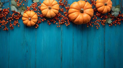 Deep teal wood table topped with vibrant orange pumpkins and scarlet berries along upper edge, autumn border leaves foreground clear for copy or product