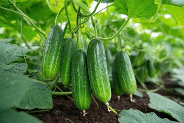 Fresh cucumbers growing on a vine in a lush garden, highlighting the variety and vibrancy of different cucumber plants in a warm summer setting