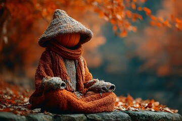 A whimsical pumpkin meditating peacefully in an autumn forest, embracing the serene beauty of fall.