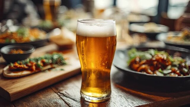 A close-up of a pint of light beer with a foamy head sitting on a wooden table surrounded by out-of-focus plates of food in a pub setting