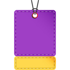 Blank Purple And Yellow Rectangular Price Tag With String And White Stitched Edges Isolated On Transparent Background