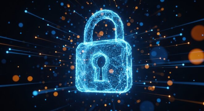 Digital padlock symbolizing cybersecurity and data protection in a vibrant virtual space filled with light trails - Powered by Adobe