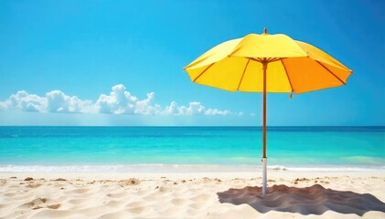 Fototapeta premium Vibrant beach umbrella providing shade on a sunny day, casting a cool shadow on the sand Perfect for summer vacations, beach holidays, and relaxation , vibrant, turquoise