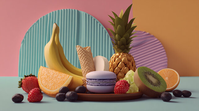 Colorful fruit and dessert arrangement with gold pineapple and pastel background