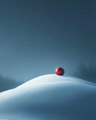 Minimalist Christmas surreal snowy hill with a single red ornament glowing under soft moonlight