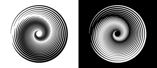 Abstract rotated lines in circle form as background. Design element for prints, logo, sign, symbol and icon. A black figure on a white background and an equally white figure on the black side.