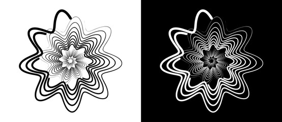 Circle with wave lines as dynamic abstract vector background or logo or icon. Flower concept. Black spiral on white background and white spiral on black background.