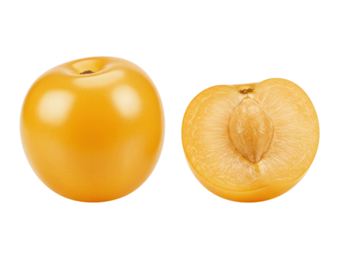 Fresh ripe yellow plum whole and halved isolated