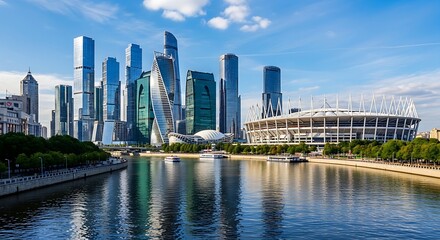 Obraz premium Modern city skyline with skyscrapers reflecting in the river under blue sky