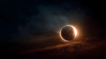 A dramatic solar eclipse illuminates the dark sky with a brilliant corona and crescent light surrounded by atmospheric clouds