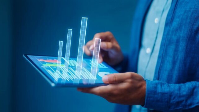 Close-up of a professional using a tablet with sleek analytics UI, cool blue palette and crisp gestures highlighting cutting‑edge mobile dashboards, fintech clarity, and real‑time decisions