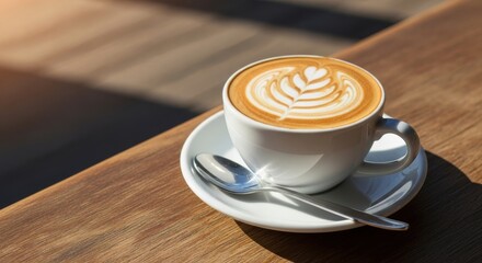 Warm latte art served in a cup on a wooden table in a cozy cafe during the morning hours