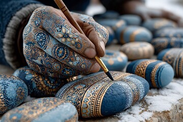 An artisan meticulously hand-paints intricate mandala designs onto smooth stones, showcasing vibrant blue and gold hues.