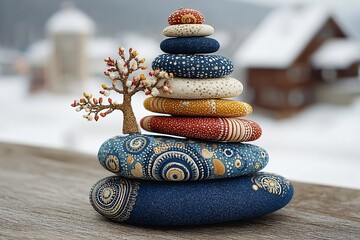Hand-painted stones stacked in a balanced pyramid with a miniature tree, creating a cozy winter scene.