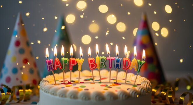 Celebrate a joyful birthday party with colorful cake, candles, and festive decorations glowing in soft lighting - Powered by Adobe