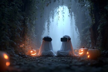 Two ghostly figures in VR headsets sit amidst glowing pumpkins in a dark, enchanted forest.