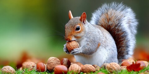 Squirrel on a tree branch surrounded by autumn leaves, happily munching on a nutty snack.