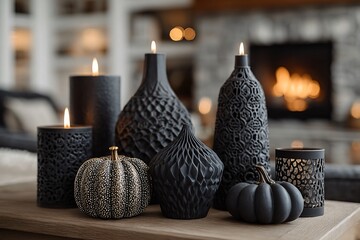 Elegant autumnal home decor with black candles, pumpkins, and vases, creating a cozy and sophisticated ambiance.