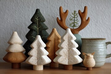 Cozy Christmas scene with wooden trees, reindeer, sheep, and a mug on a table.