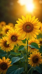 Obraz premium Vibrant sunflowers bask in the golden sunlight, their faces turned towards the radiant sun A picturesque scene of summer joy and natural beauty , vibrant, background