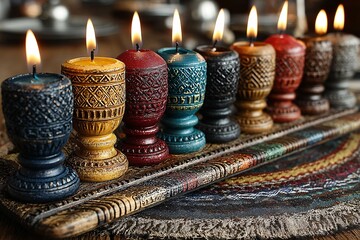 Ornate Hanukkah menorah with colorful candles creating a warm and festive atmosphere.