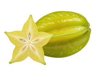 Fototapeta premium Ripe yellow star fruit cut in half showing seeds and texture