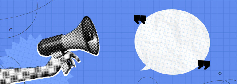 Trendy Halftone Collage Hand holds Megaphone with  empty speech bubble. Message and quote symbols. Social media communication and adverting. Online news. Contemporary vector illustration art