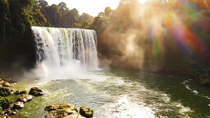 Breathtaking view of a majestic waterfall in a pristine tropical jungle with golden sun rays illuminating the misty air - Powered by Adobe