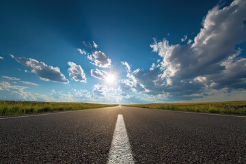 Asphalt Road Leading to Horizon with Sunburst and Clouds Under a Deep Blue Sky and Green Field Perspective View