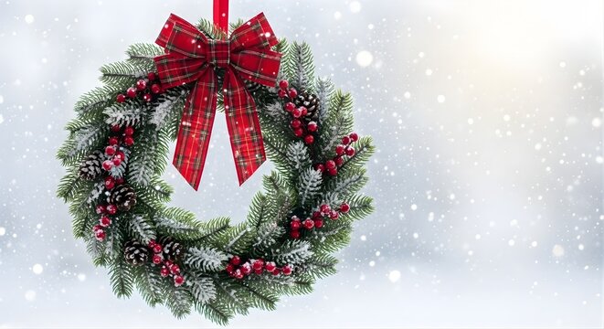 christmas wreath with red ribbon on winter blurred background - Powered by Adobe