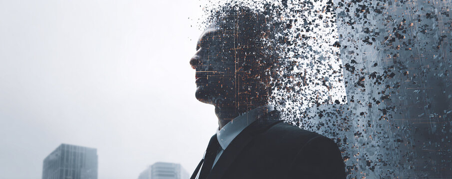 Businessman dissolving into digital particles representing future technology and corporate change