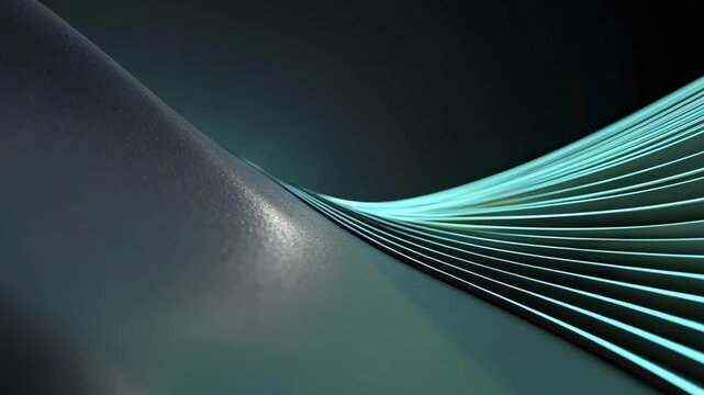 A close-up of a sweeping textured form transitioning into a series of thin parallel glowing cyan fins against a dark background