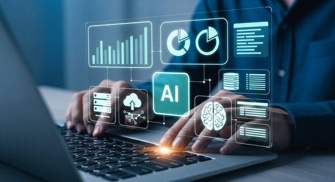 AI Holographic Dashboard Over Laptop and Tablet — Bar Charts, Pie Charts, Cloud Upload - Powered by Adobe