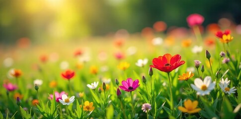 Vibrant wildflowers in full bloom across a lush green meadow bathed in the warm sunlight of springtime Perfect for spring themes, nature, and seasonal imagery , wild, landscape