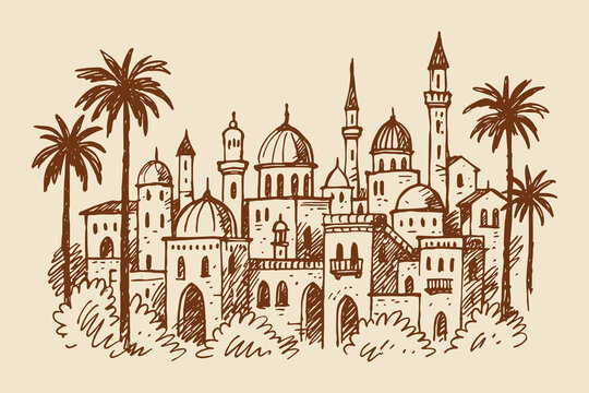 Middle Eastern city skyline, hand drawn sketch vector illustration