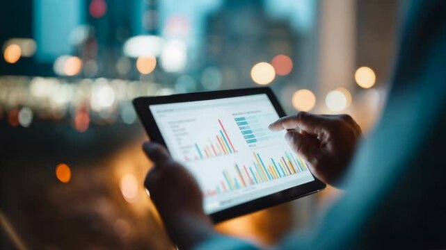 City skyline bokeh and a glowing tablet full of charts create a smart‑office vibe&mdash;dynamic lifestyle tech clip for productivity apps, digital transformation case studies, and visionary m