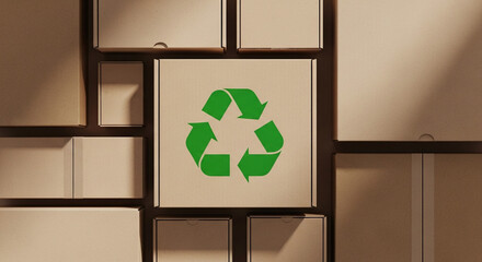 Cardboard boxes arranged with a prominent green recycling symbol at the center