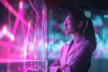 Young woman in a blazer and glasses looks intently at a vibrant glowing digital display with abstract geometric patterns and data visualizations in a modern futuristic environment