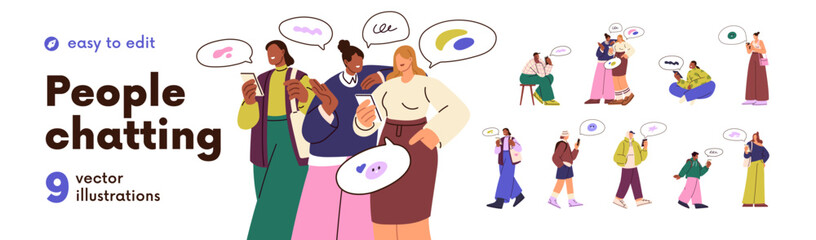 People chatting on mobile phones set. Men, women, kids holding smartphones in hands, texting, messaging on the go. Characters using cellphones. Flat vector illustrations isolated on white background