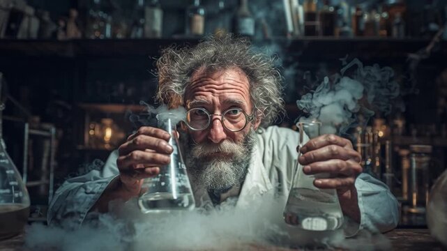 Scientist in laboratory making science experiment with flasks and smoke