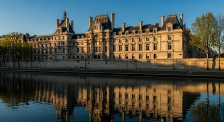 Historic parisian building and reflective water in golden hour