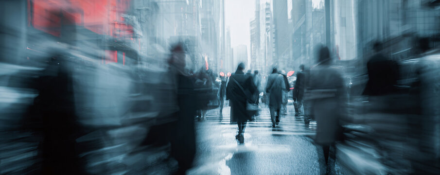 City people rushing on urban street with motion blur and abstract movement