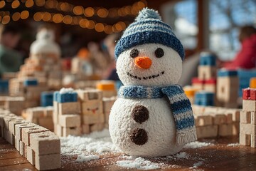A knitted snowman stands proudly amidst a miniature snow-covered wooden block castle, radiating festive cheer.