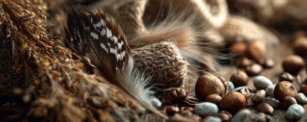 Obraz premium Rustic arrangement featuring feathers, dry grass, and natural elements