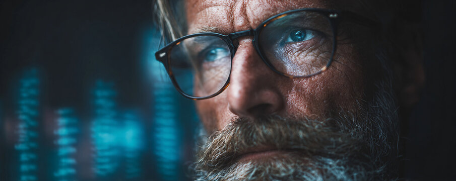 Mature man concentrating, viewing data on screen reflection, coding, programming - Powered by Adobe