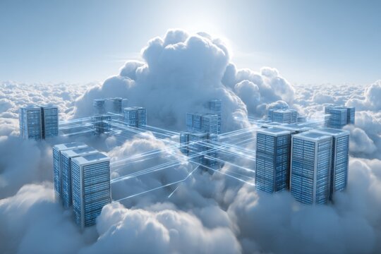 Cloud computing integrates data flow between servers in a digital network above the clouds during a bright day